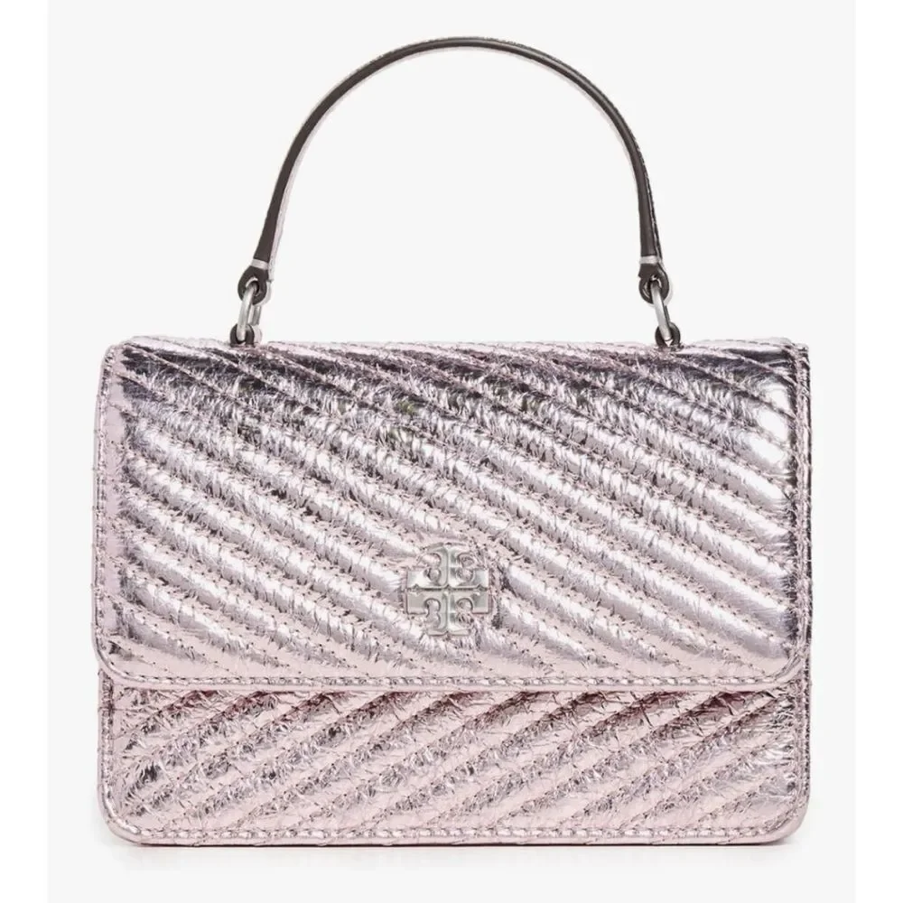 TORY‎ BURCH MINI KIRA MOTO QUILT METALLIC TOP-HANDLE CROSSBODY, SPARKLE PINK